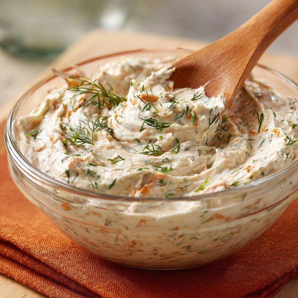 Whipped lemon dill cream cheese in a clear bowl with a wooden spoon, showcasing its creamy texture and dill garnish.