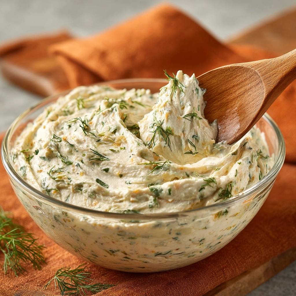 Whipped lemon dill cream cheese being scooped with a wooden spoon, showcasing its creamy texture and dill garnish.