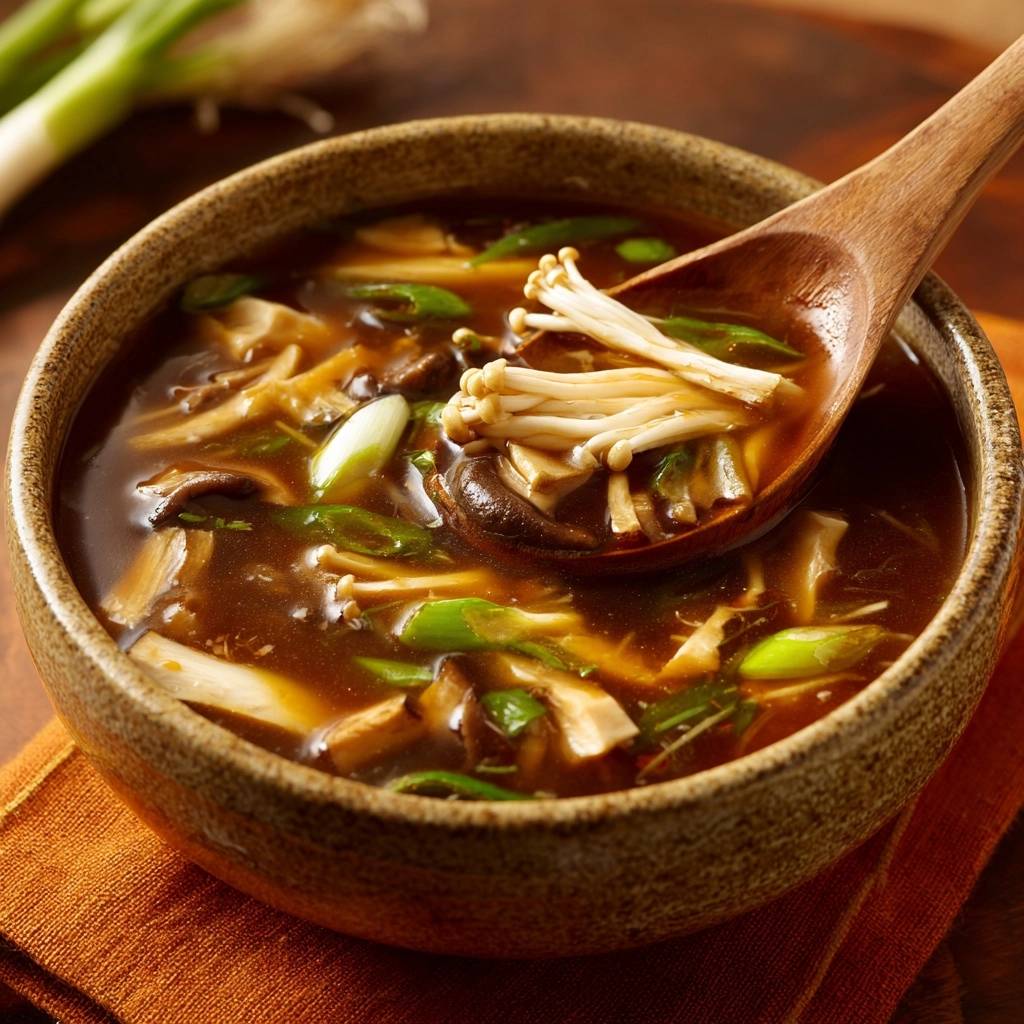 Savory wild mushroom soup with enoki mushrooms on a wooden spoon, showcasing the hearty broth and fresh ingredients.