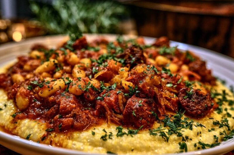 Hearty Beef and Bean Ragout over Creamy Polenta