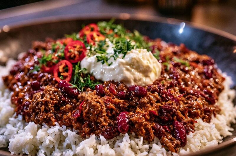 Slow-Simmered Beef Chili over Fluffy Rice